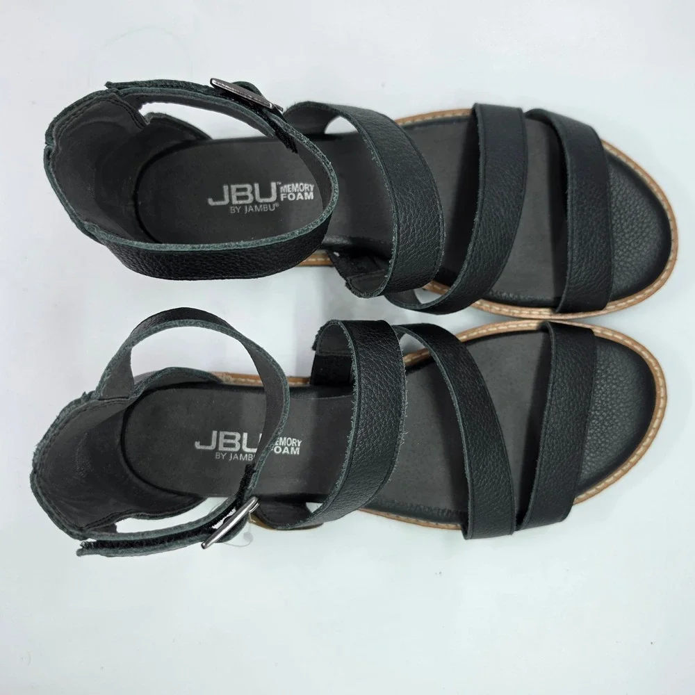 JBU by Jambu Riviera Black Leather Strappy Wedge Sandals JB17RIV01 Womens‎ 6M